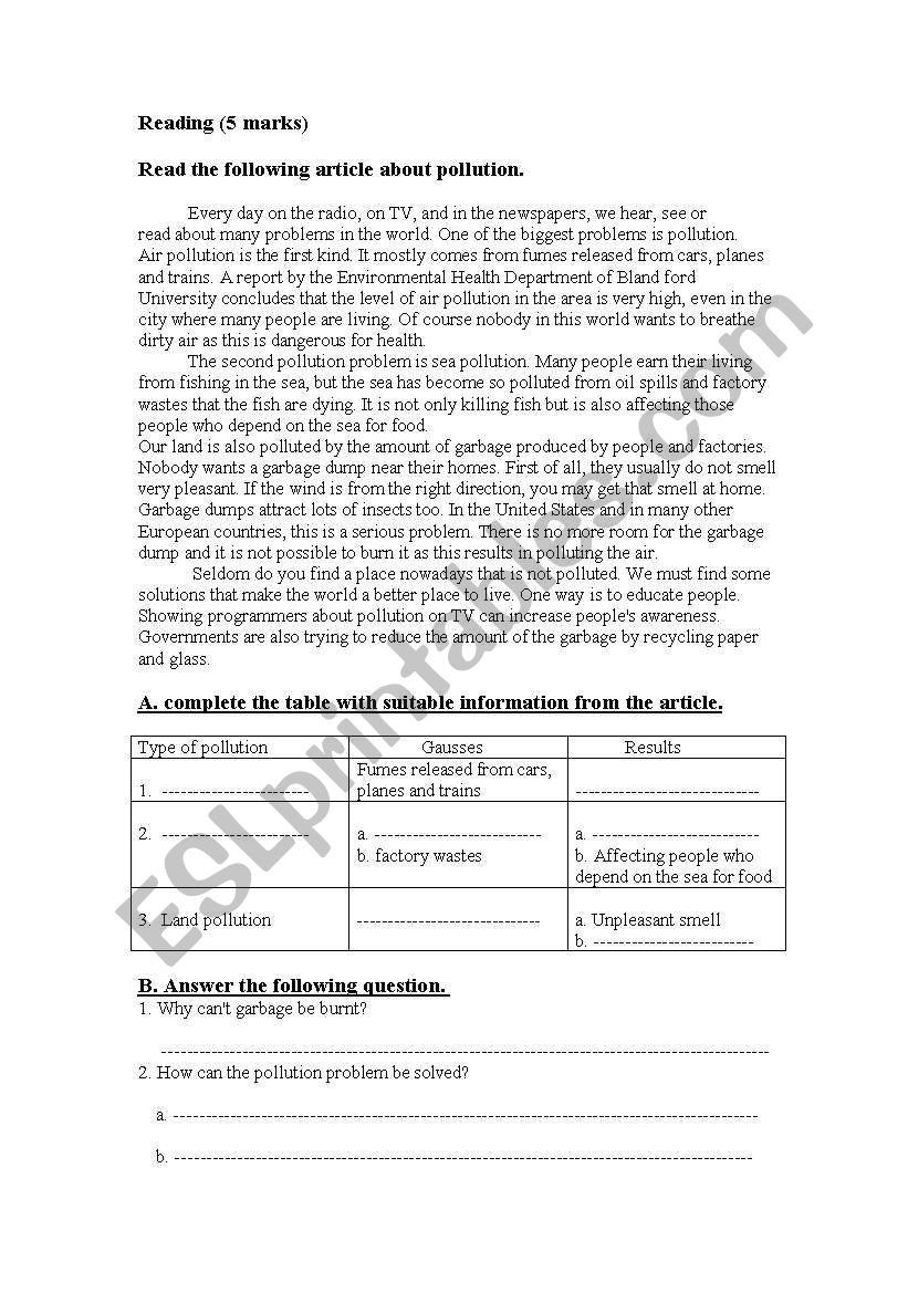readind Test worksheet