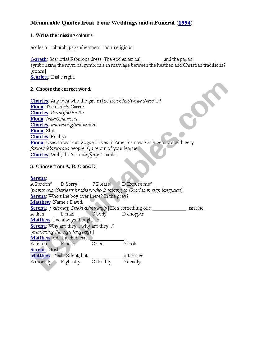 four weddings and a funeral worksheet