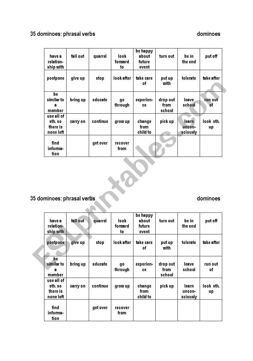 phrasal verb domino worksheet