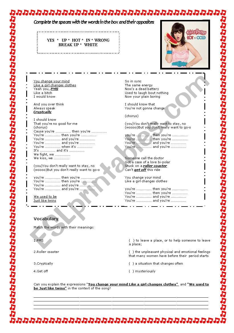 Hot n Cold - Katy Perry worksheet