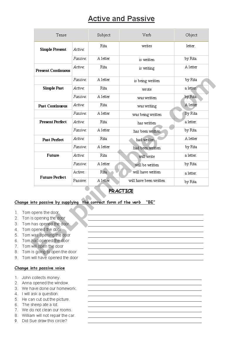 Active and Passive worksheet