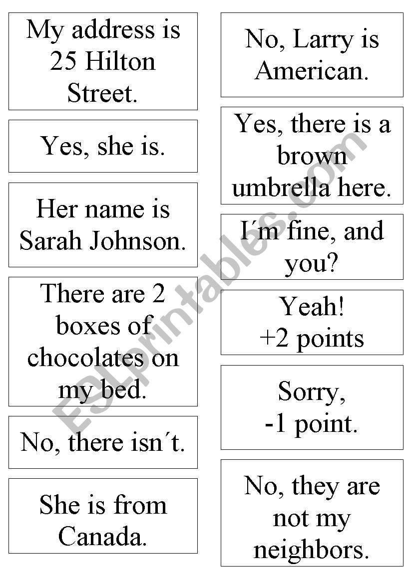 Very beginning students game worksheet