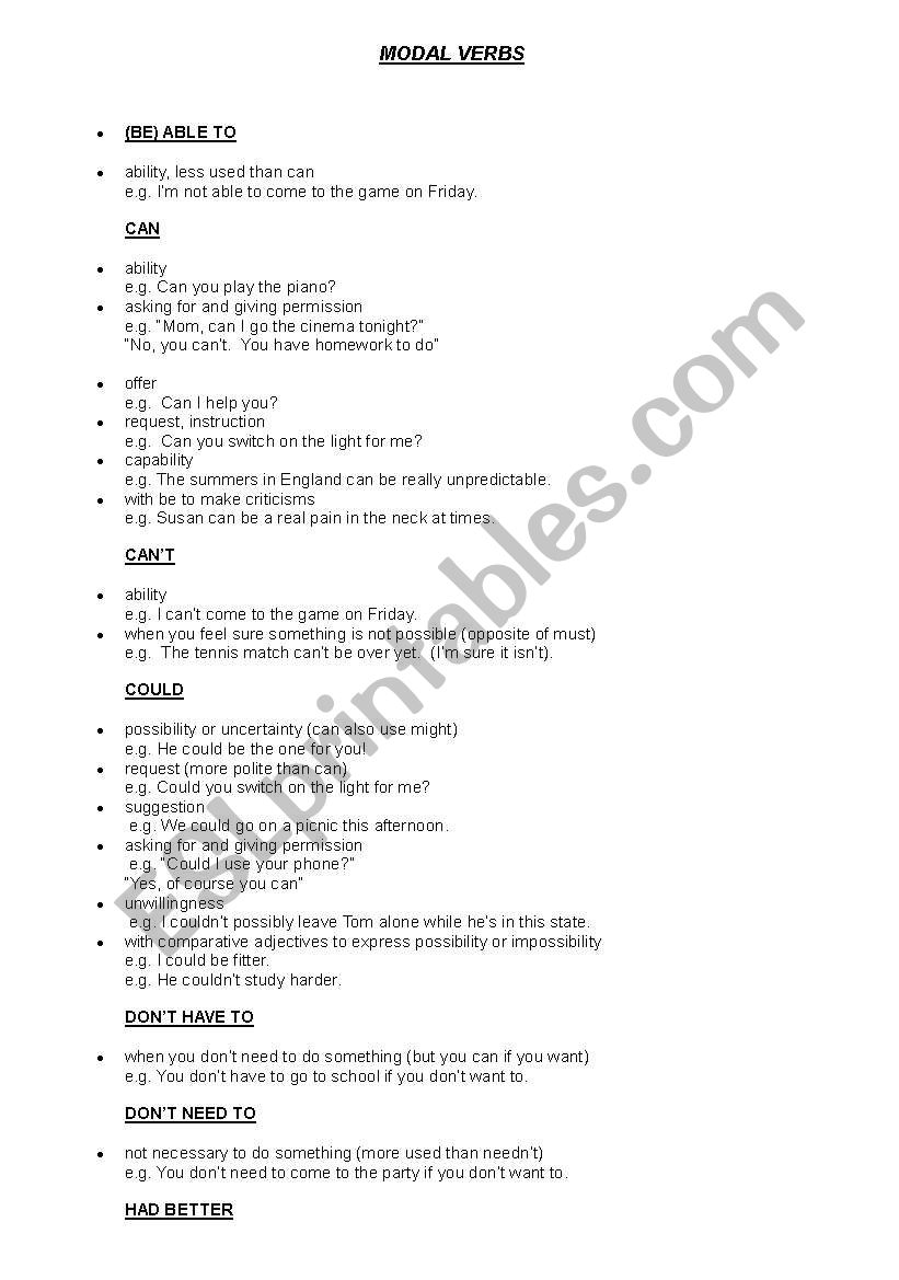 Modal Verbs worksheet