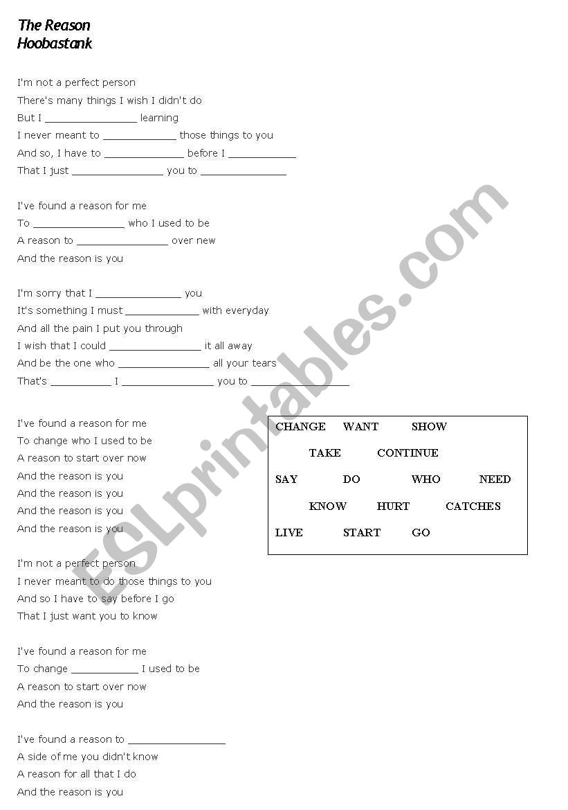 The reason - Hoobastank worksheet