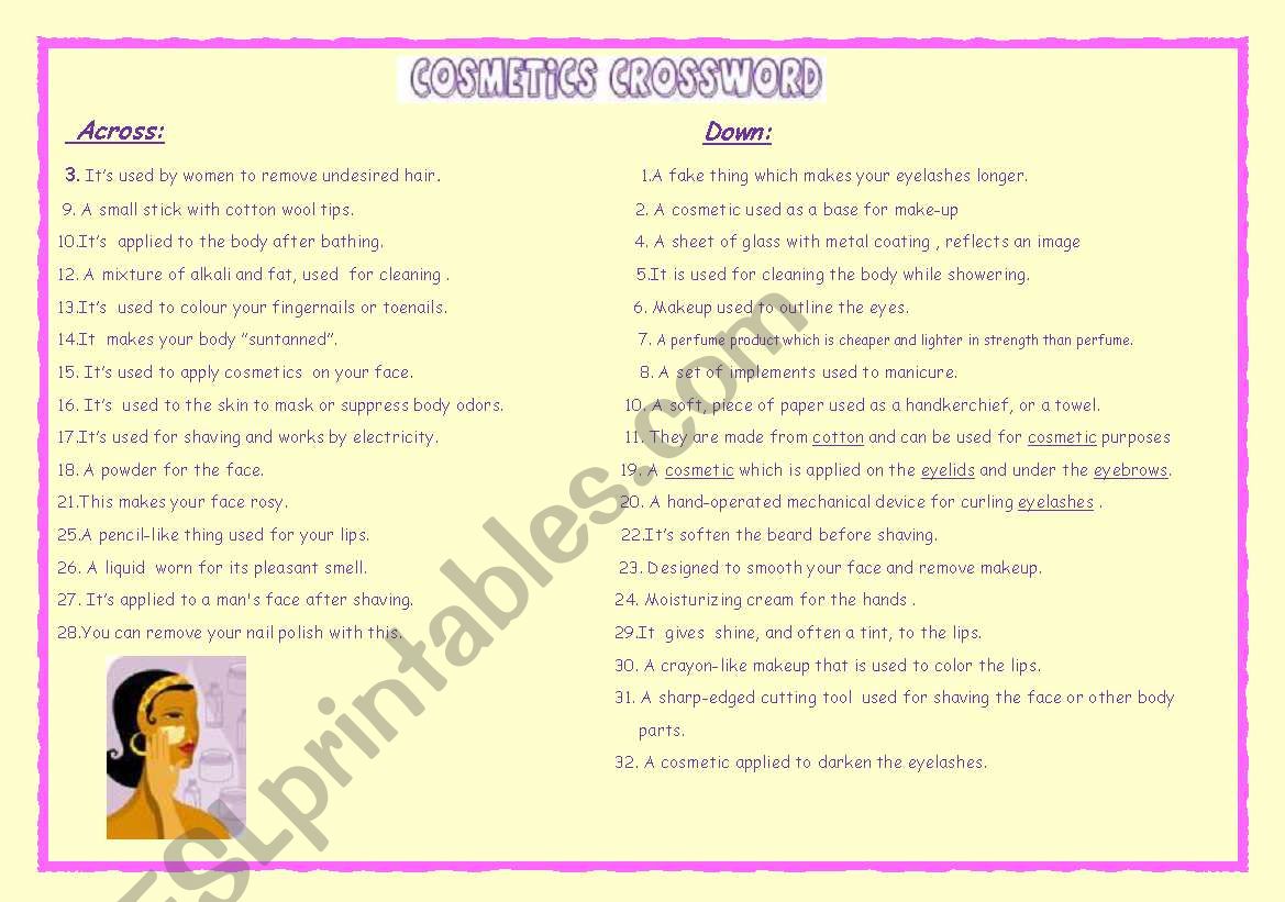 Cosmetics crossword worksheet