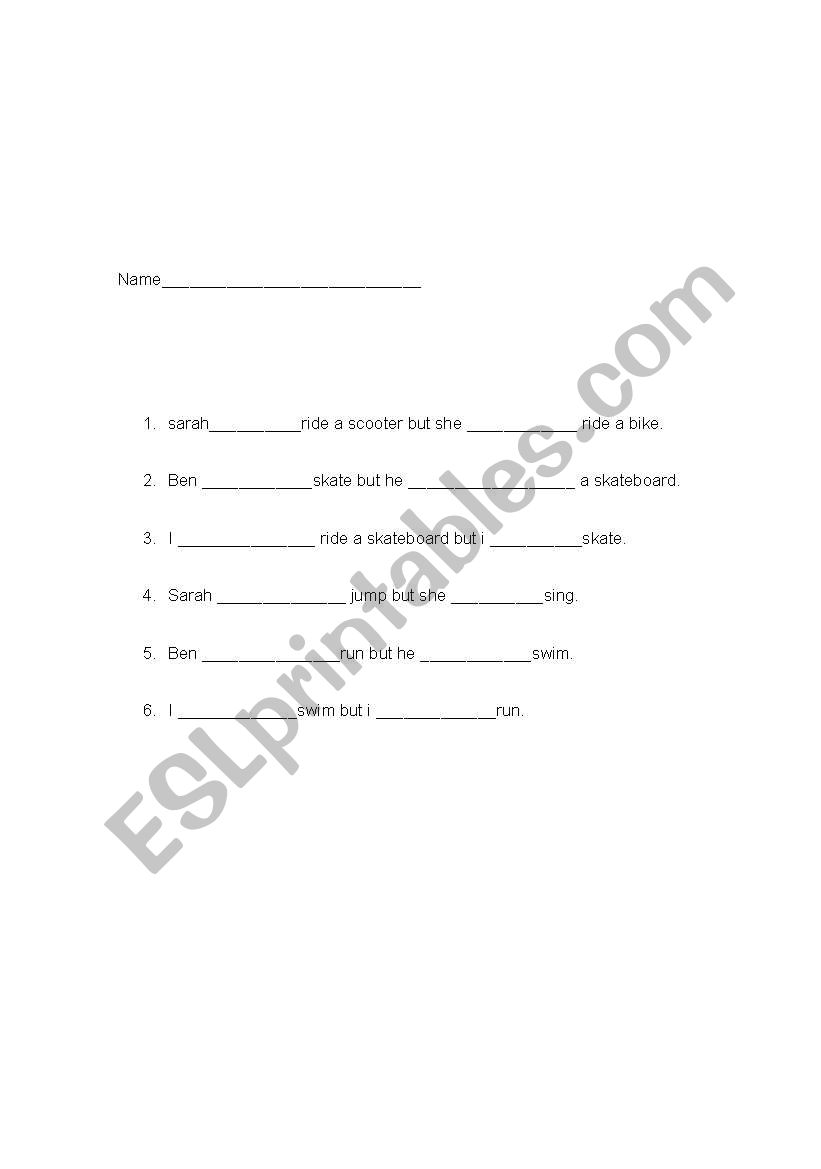 Sentences with can and cant worksheet