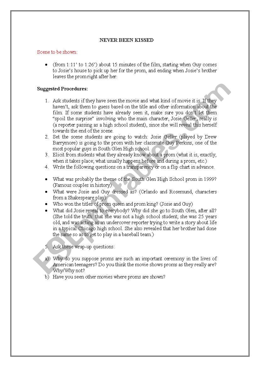 Never been kissed worksheet