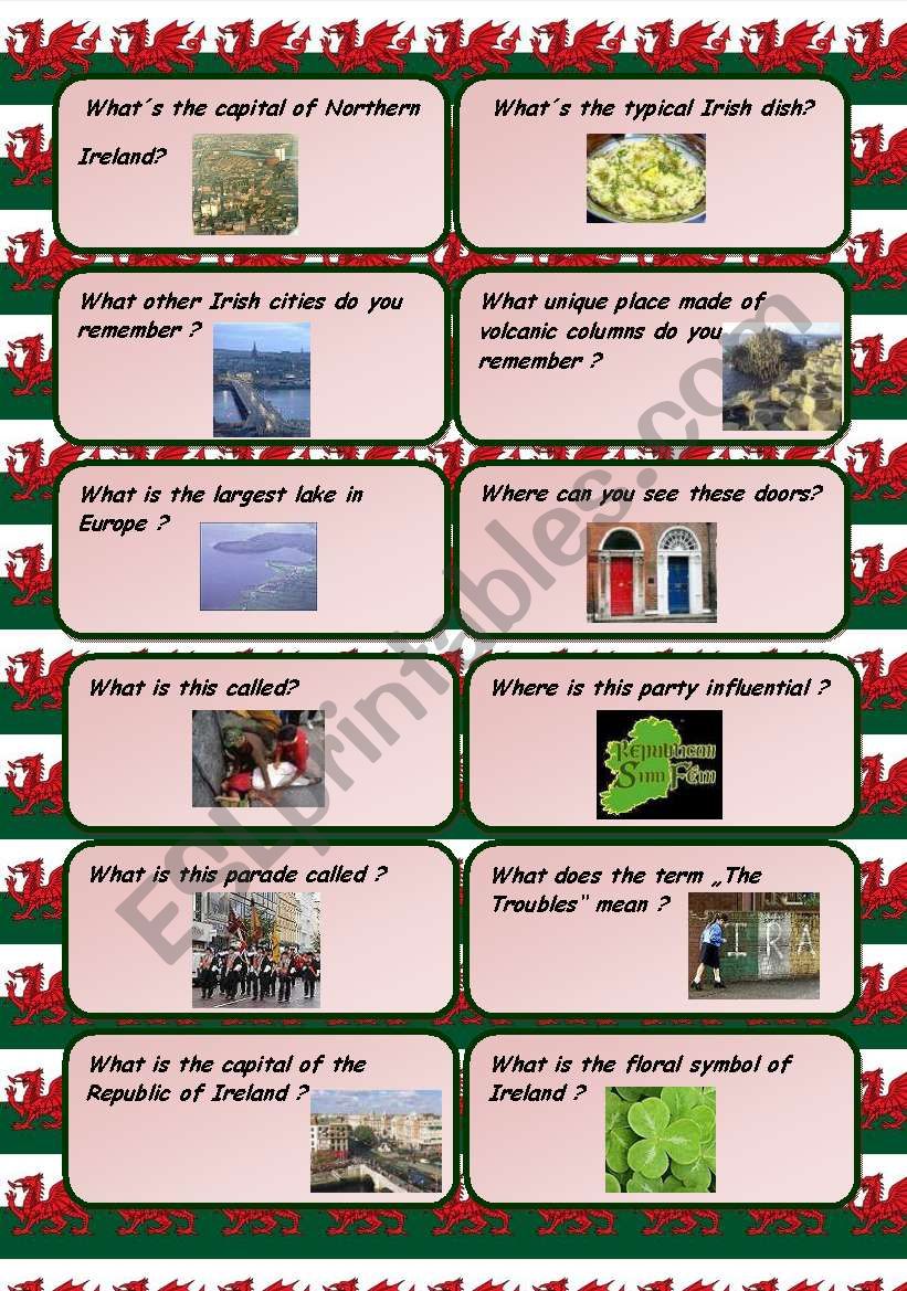 Ireland and Wales conversation cards - follow up for pictionaries on the English speaking countries