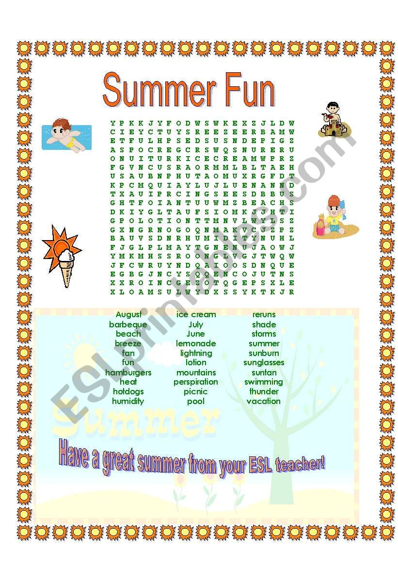 Summer fun wordsearch worksheet
