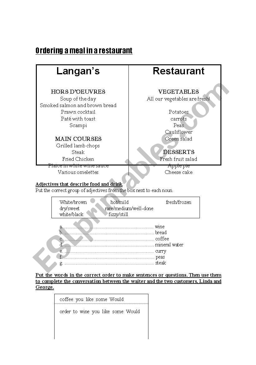 Ordering a meal worksheet