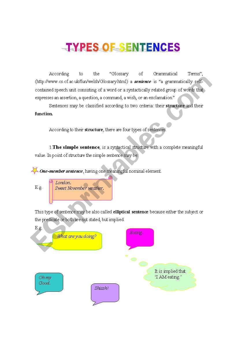 TYPES OF SENTENCES worksheet