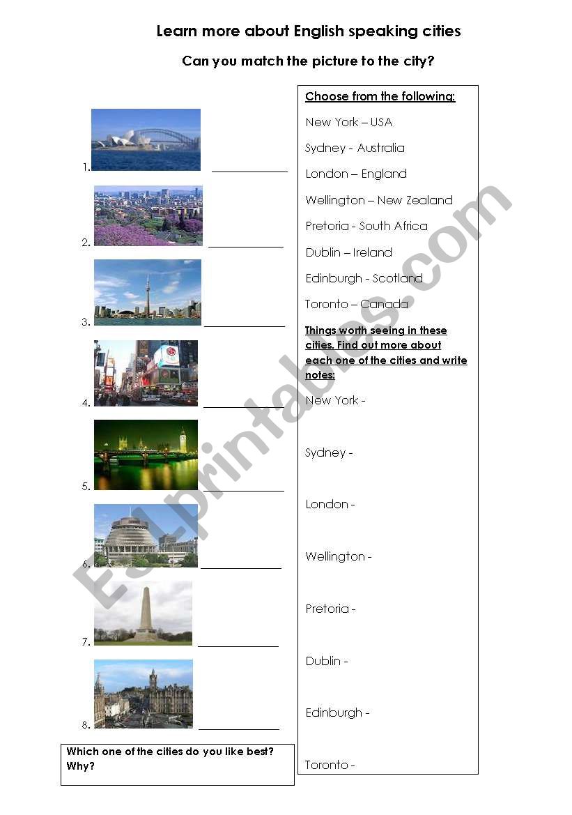 English speaking cities worksheet