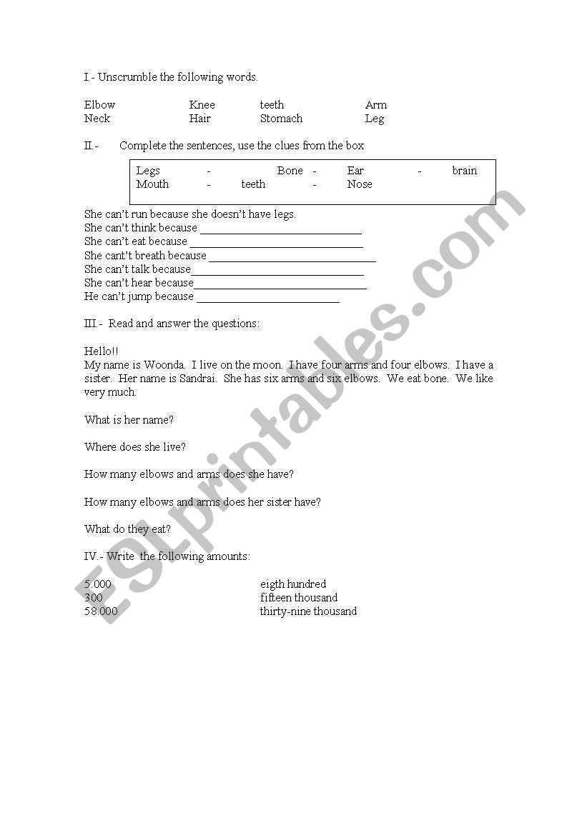 Parts of the Body, Numbers worksheet