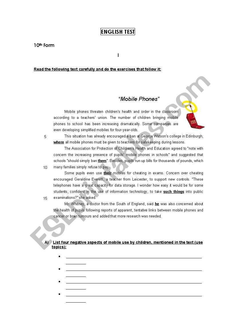 Test on Mobile Phones worksheet