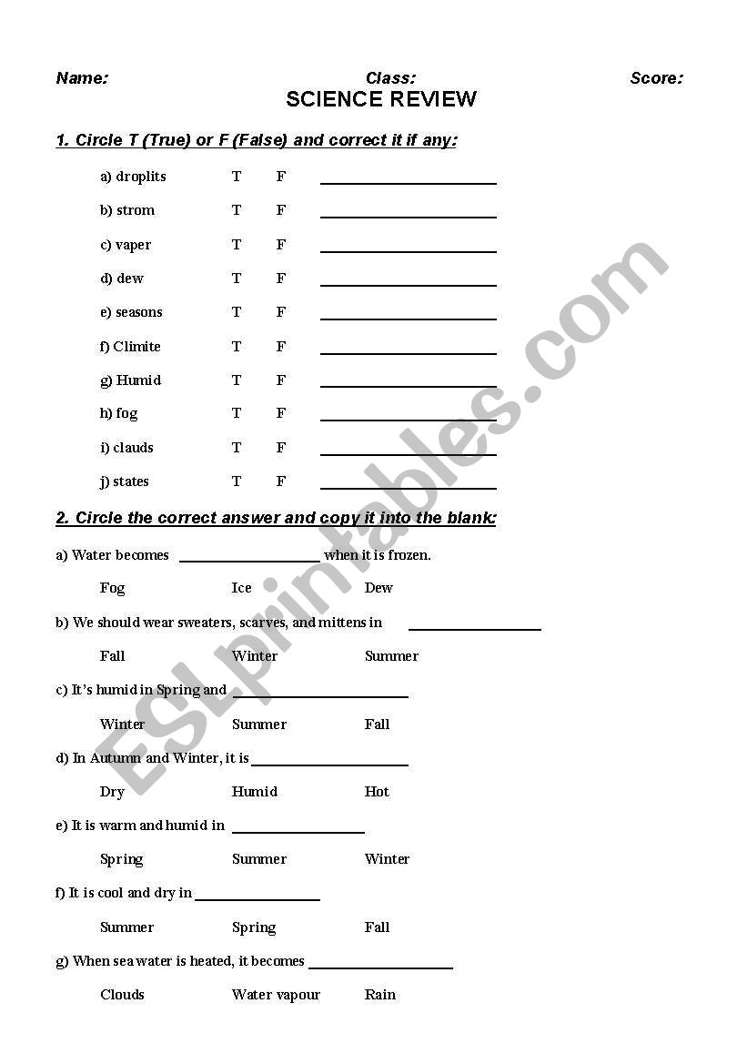 english worksheets science reviewgrade 3