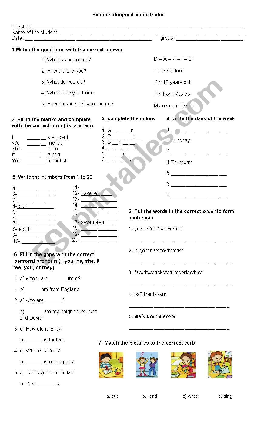 diagnostic test worksheet