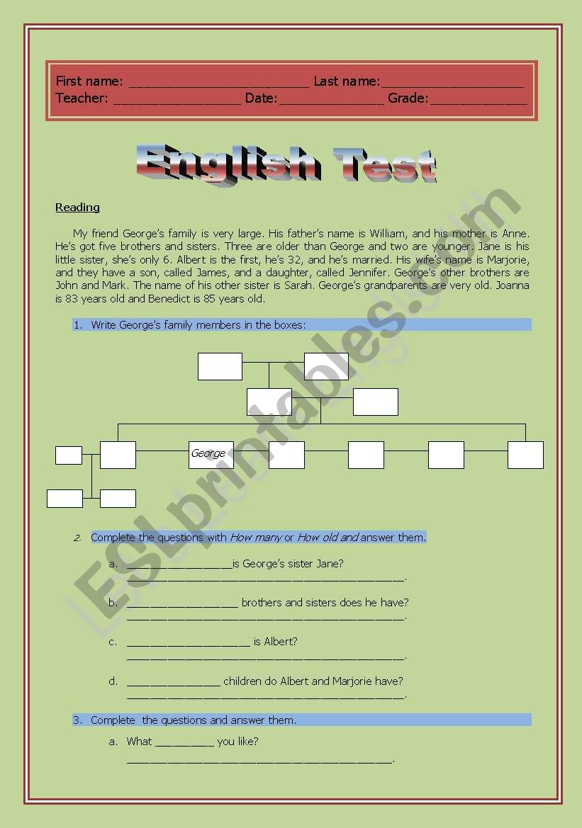 English Test - Clothes, Family Tree and People Description.