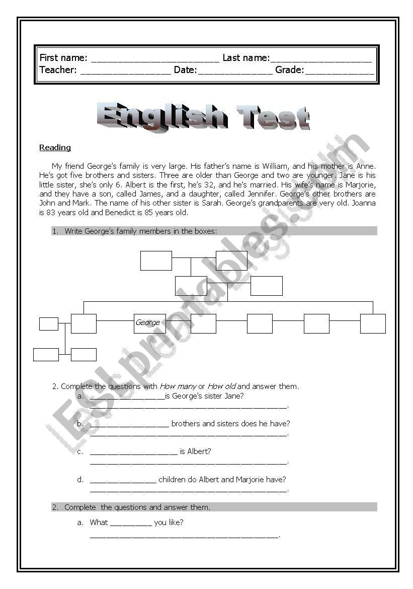 English Test - Clothes, Family Tree and People Description - Black and White version