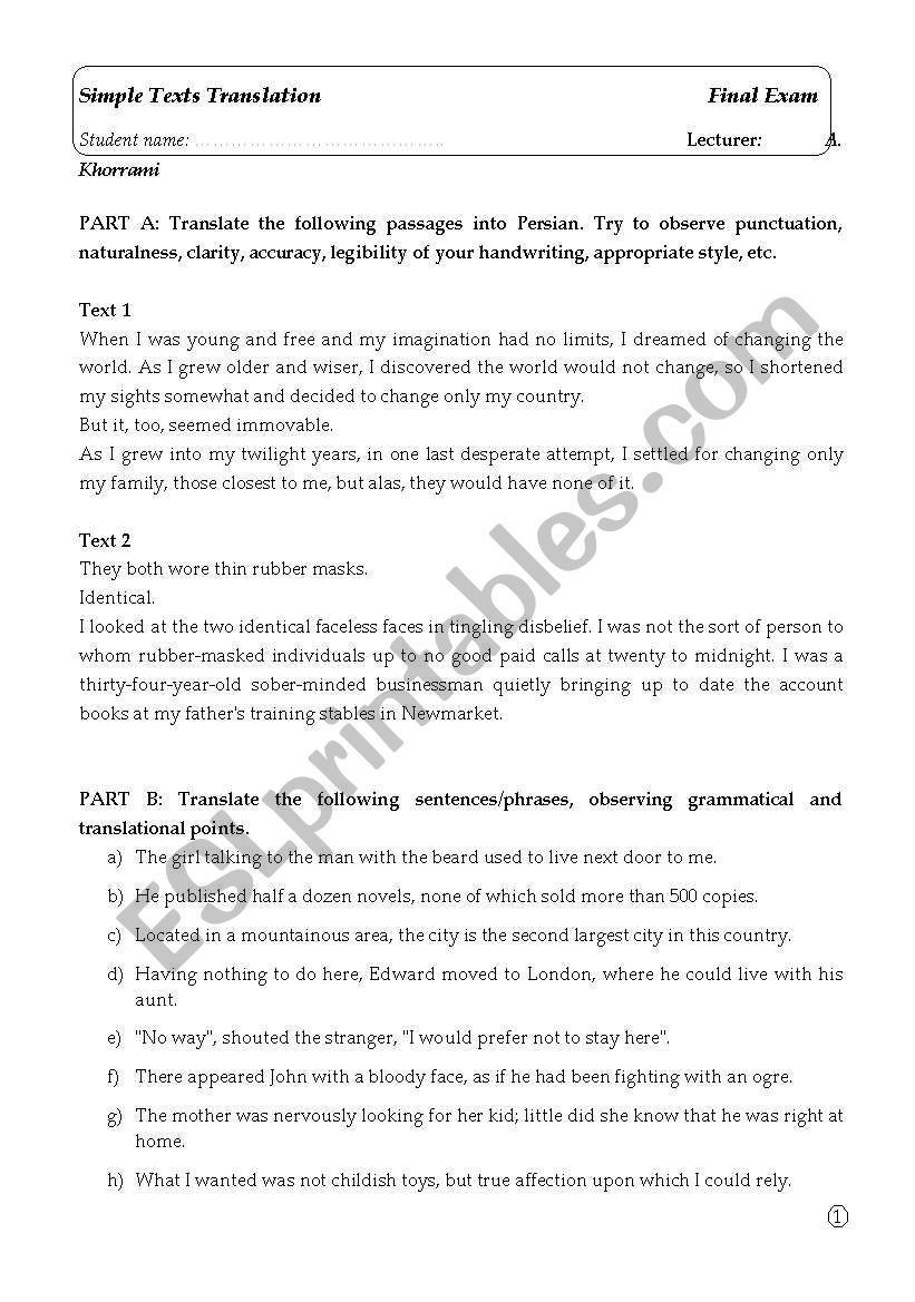 Simple Texts Translation Exam worksheet