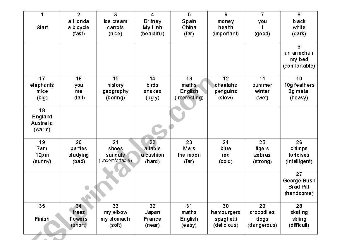 Comparative Board Game worksheet