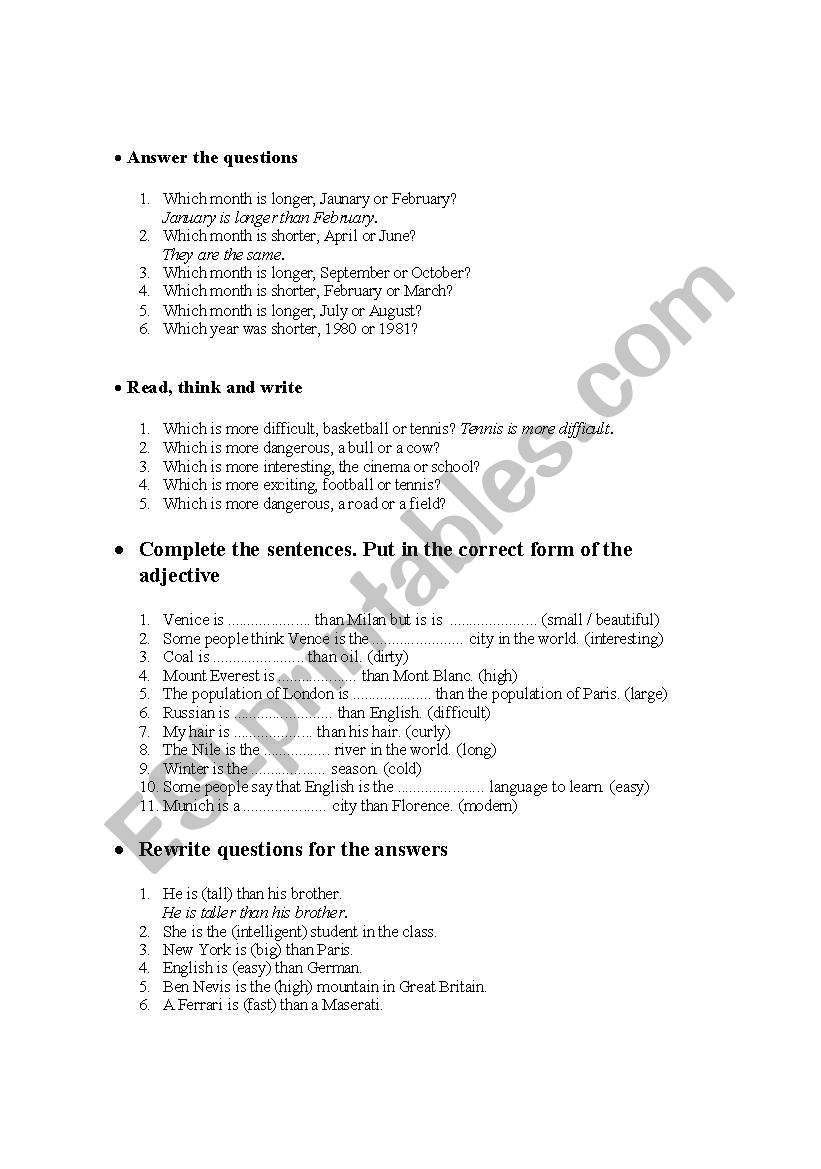 Comparative exercise worksheet