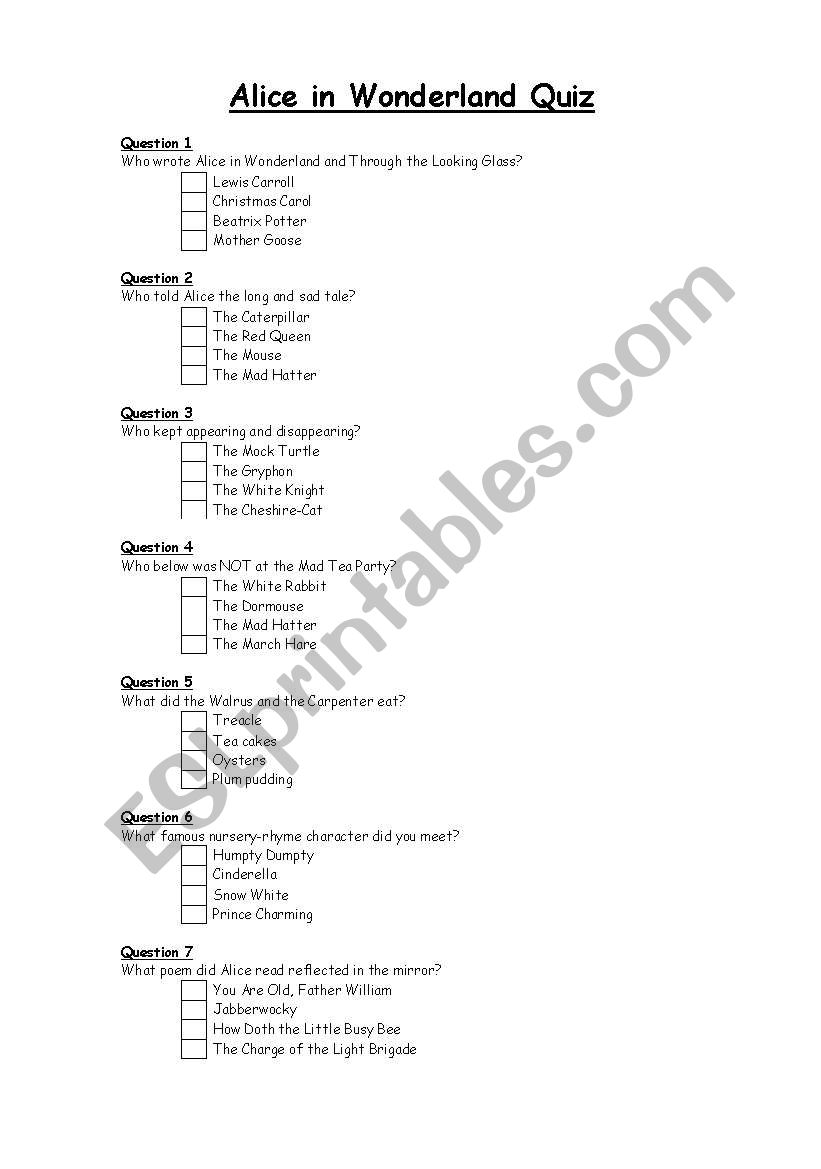 Alice in Wondderland Quiz worksheet