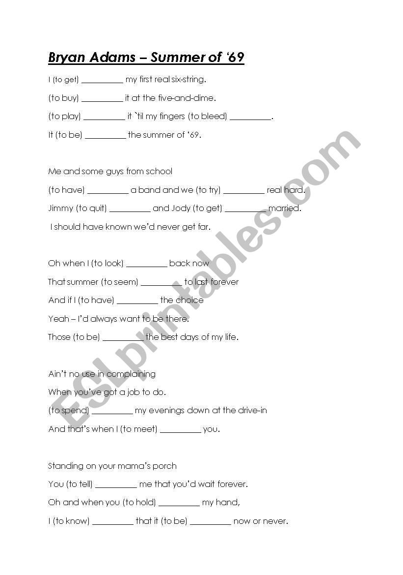 Past Simple with Bryan Adams worksheet