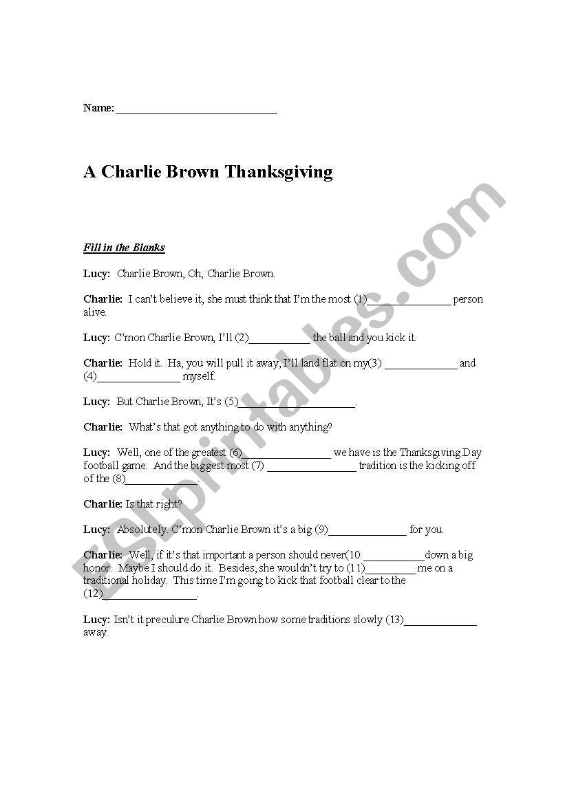 A Charlie Brown Thanksgiving worksheet