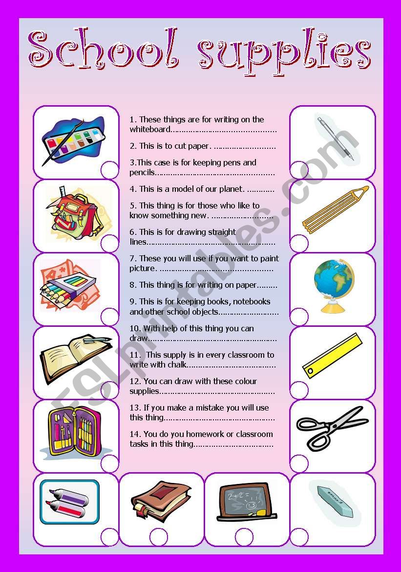 School supplies worksheet