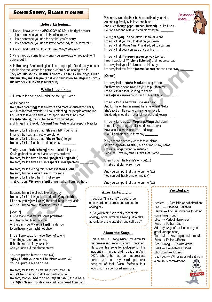 Akon - Sorry Blame it on Me worksheet