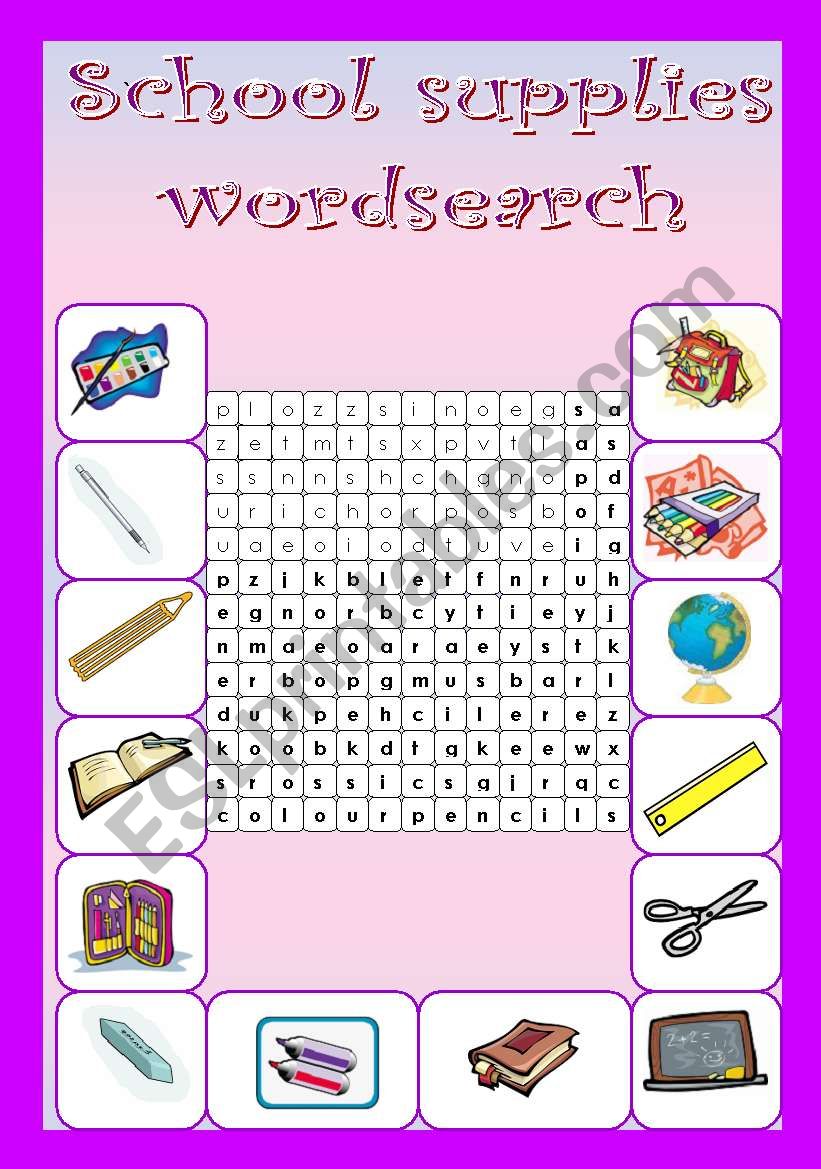 School supplies - wordsearch worksheet