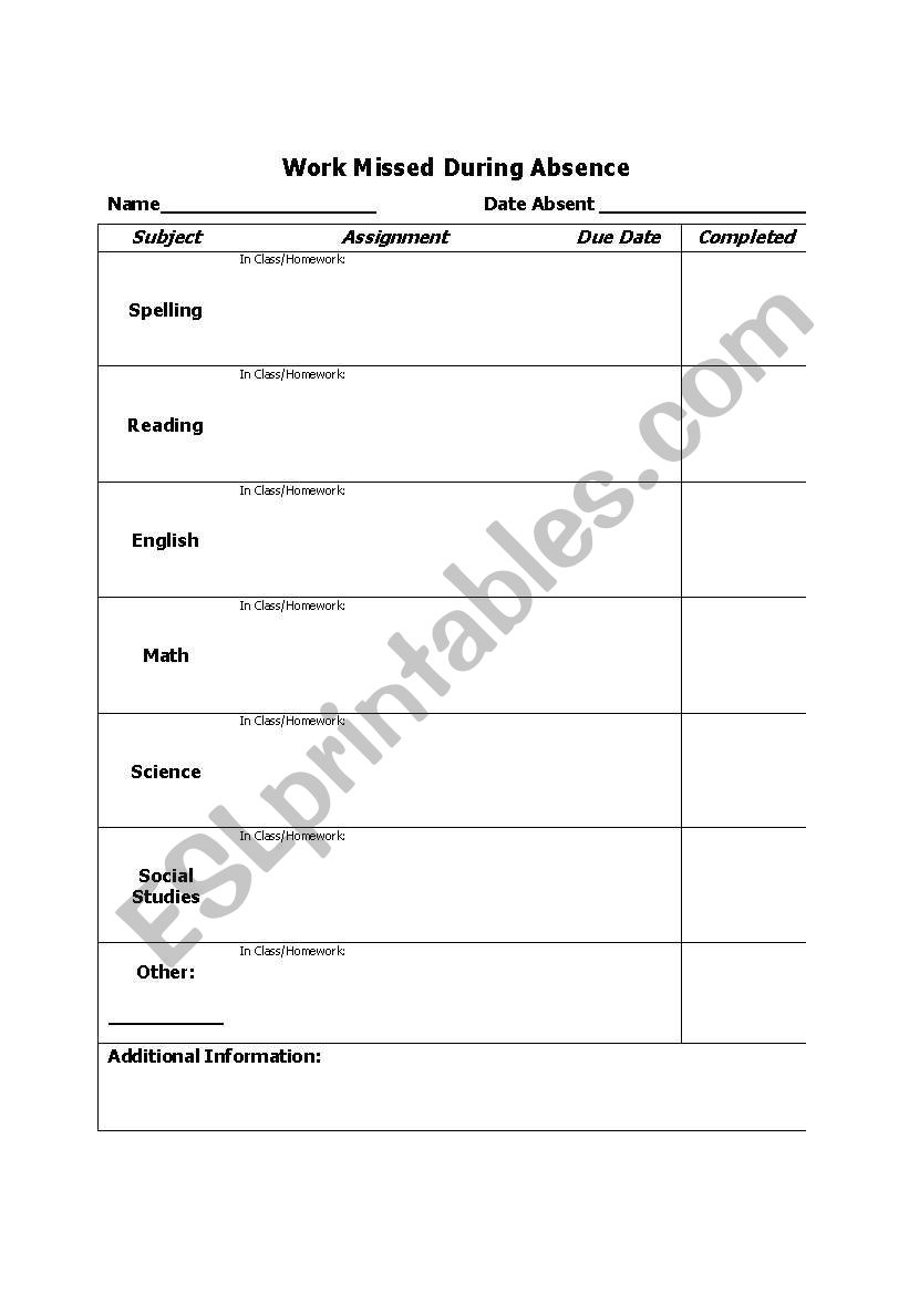 Work Missed During Absence worksheet