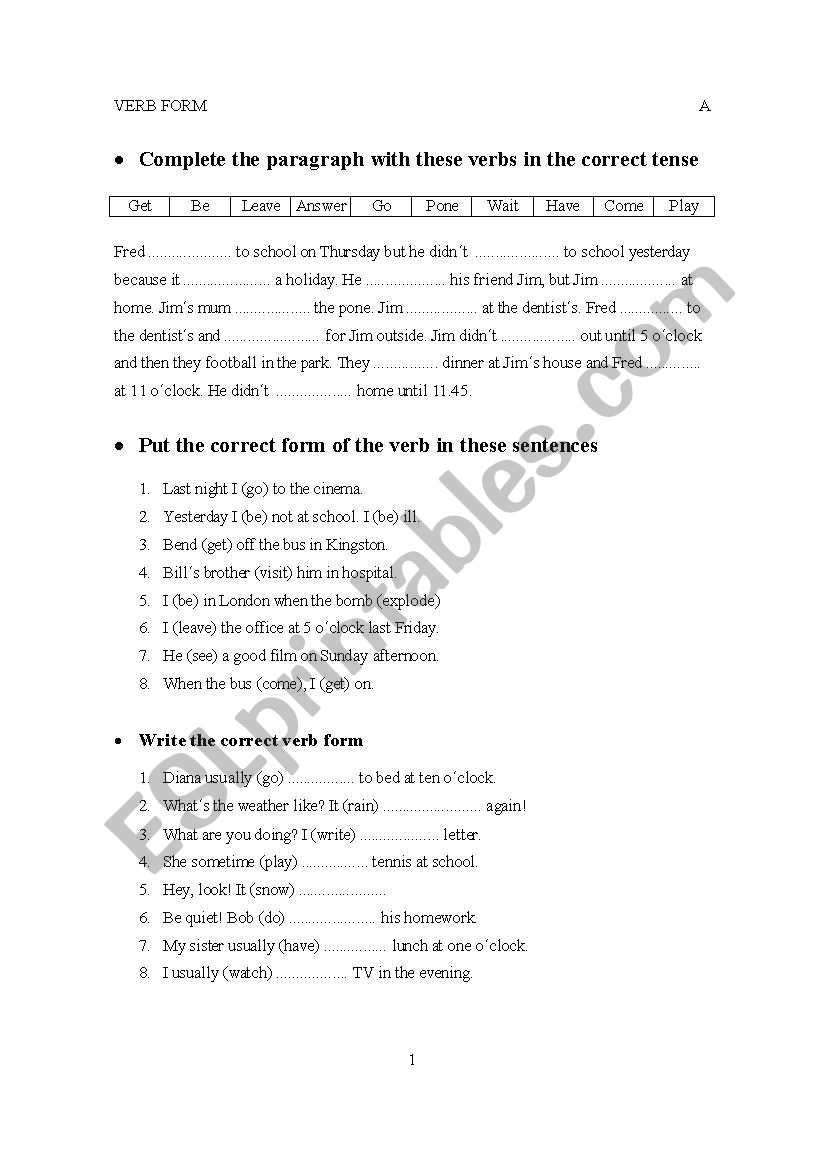 VERBS worksheet