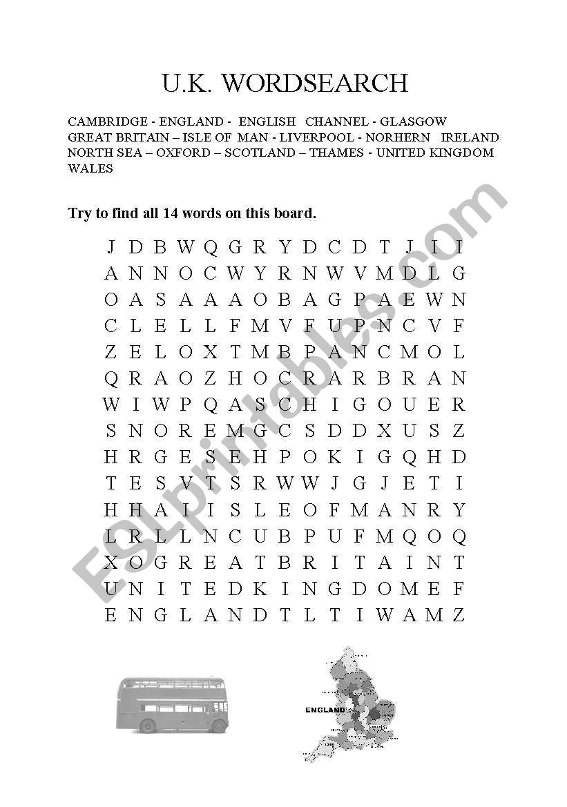 UK Word search worksheet