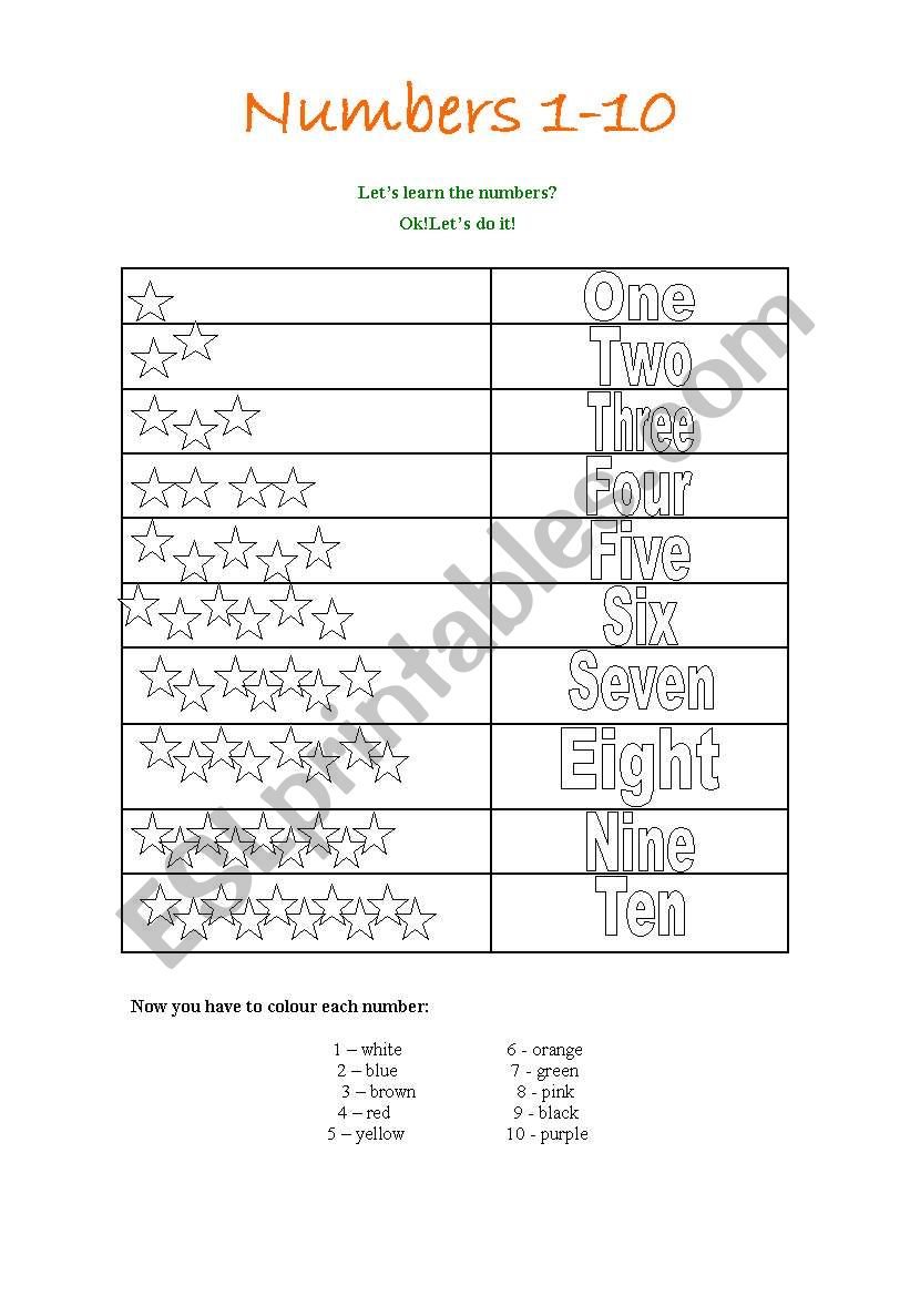 Numbers and colours worksheet