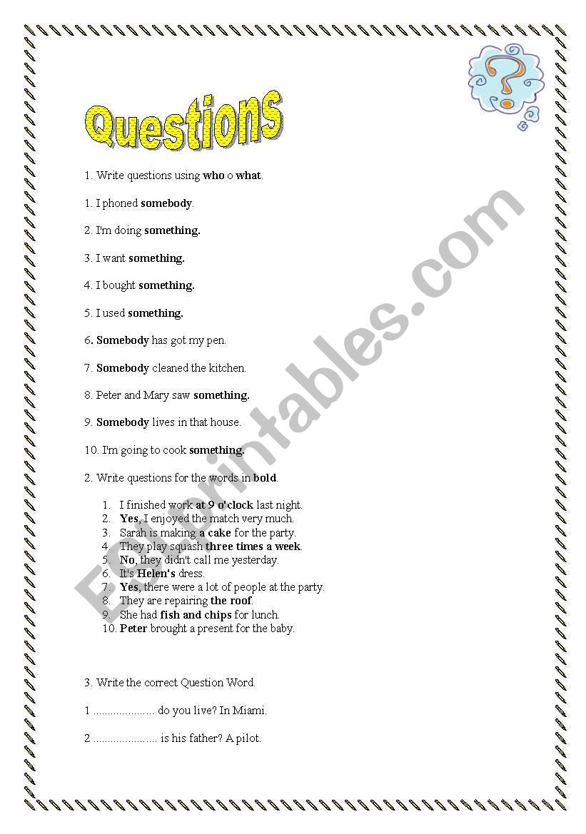 Questions practice worksheet