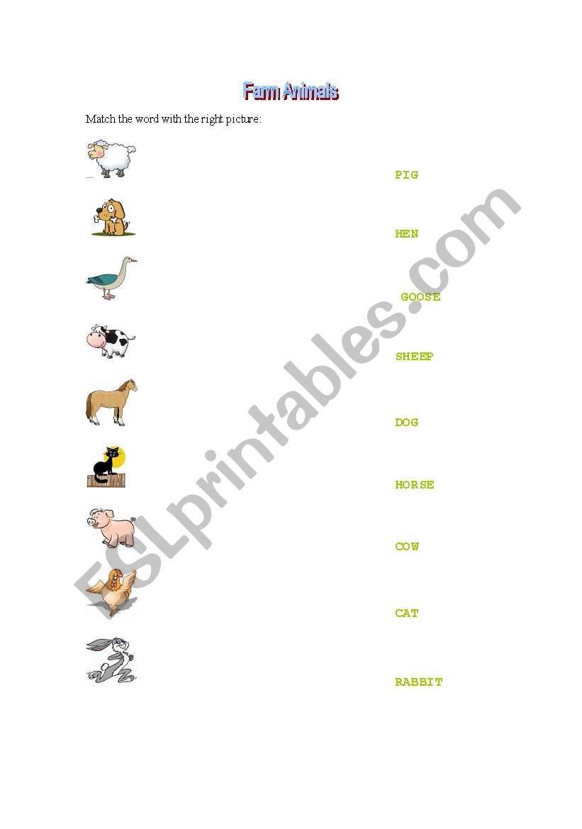 Farm Animals Matching worksheet