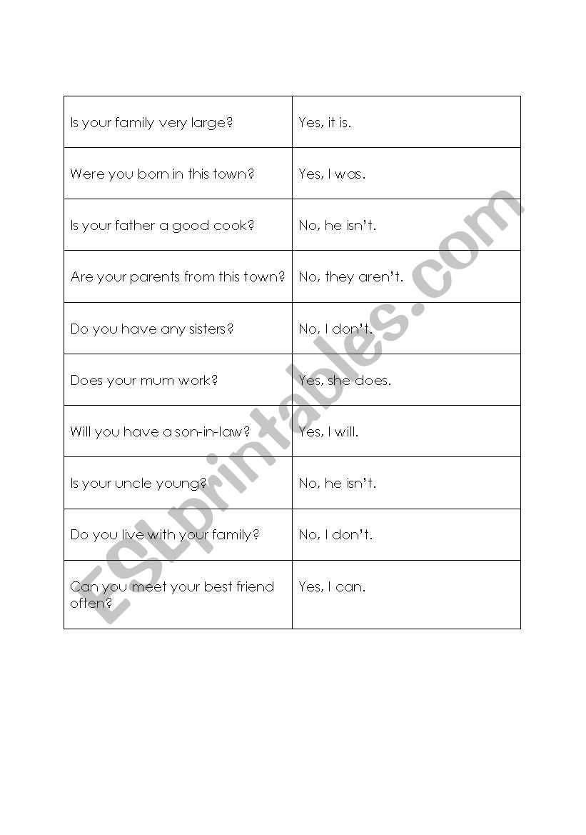 matching activity with yes/no questions