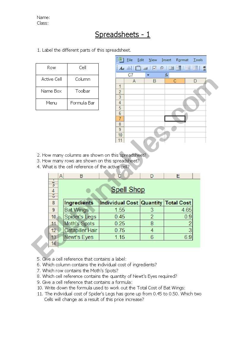 Spreadsheet Basics 1 worksheet