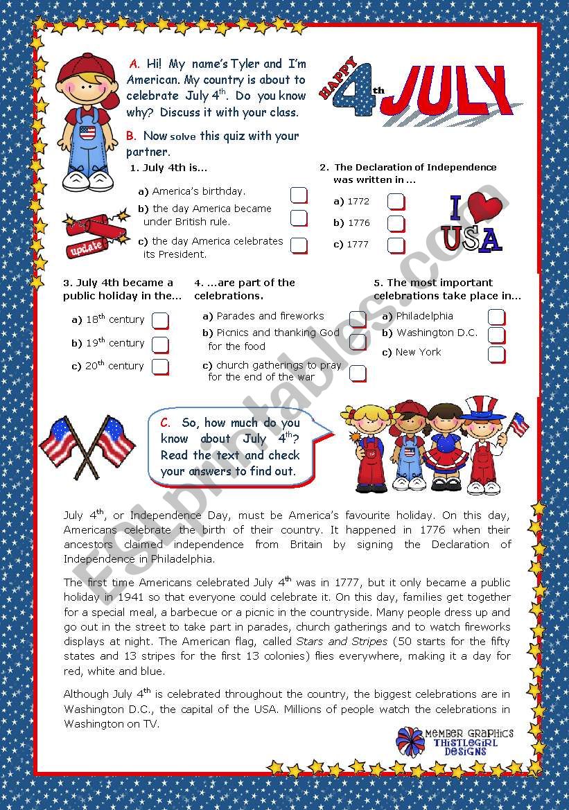 July 4th - Happy Birthday America - Quiz + Reading comprehension for Elementary and Lower intermediate students