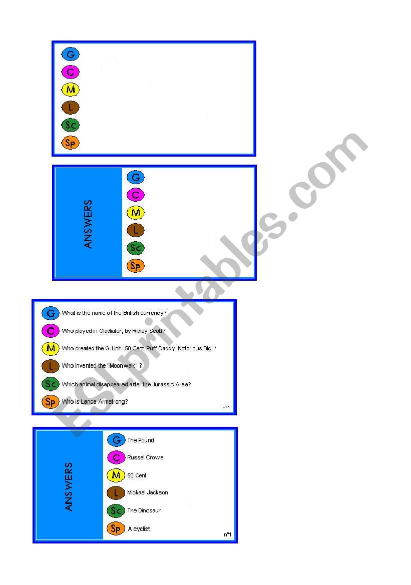 Trivia cards worksheet