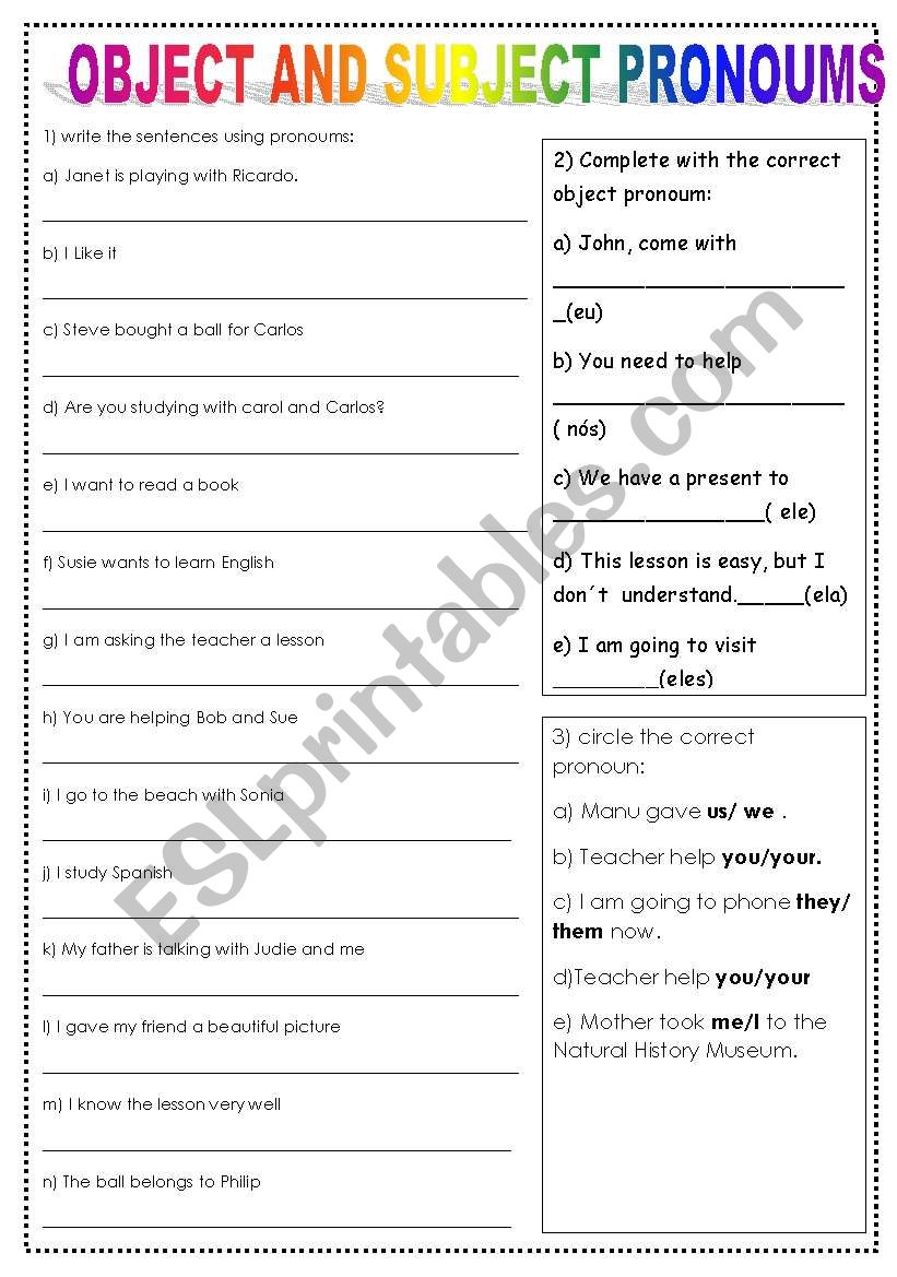 OBJECT AND SUBJECT  PRONOUMS worksheet