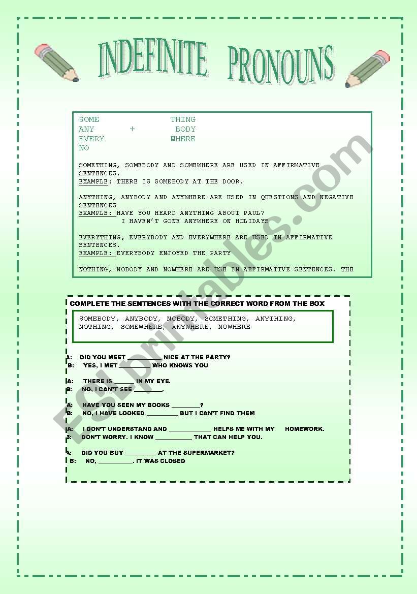 INDEFINITE PRONOUNS worksheet