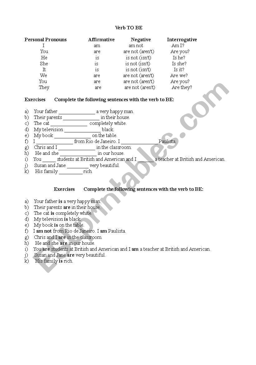 Verb to be worksheet