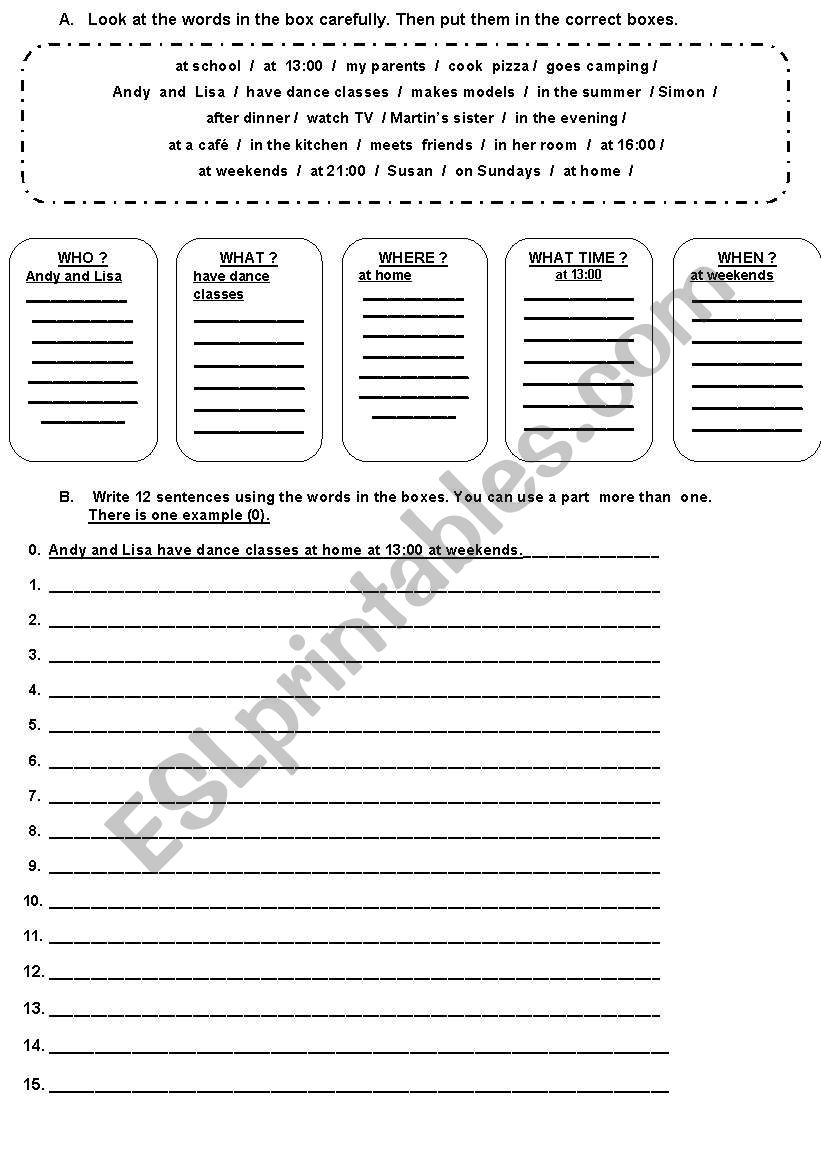 present simple- grammar tiles worksheet