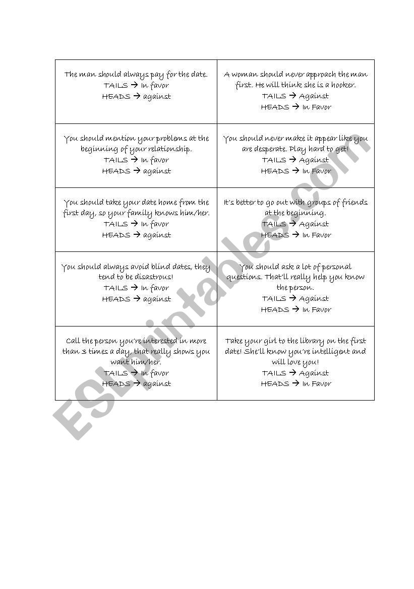 DATES DEBATE CARDS worksheet