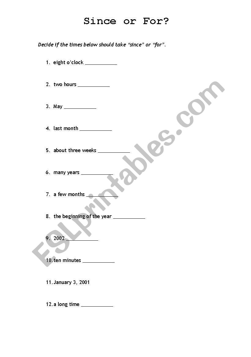 Since & For - Practice Worksheet