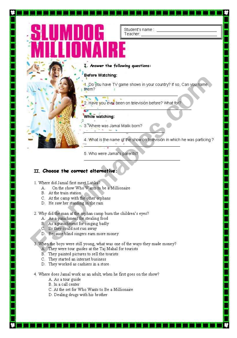Slumdog Millionaire - Movie worksheet