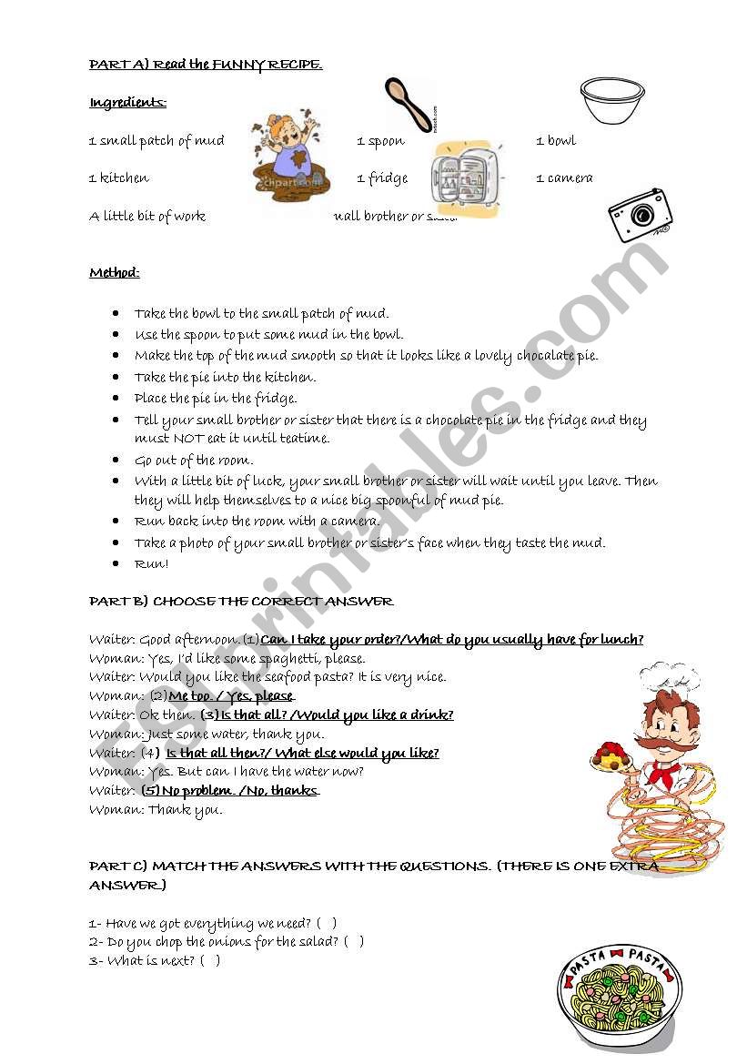 A funny recipe worksheet