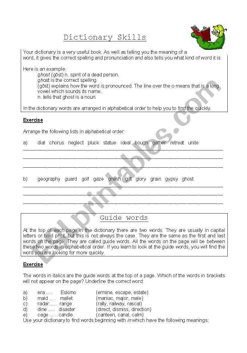 Dictionary Skills worksheet